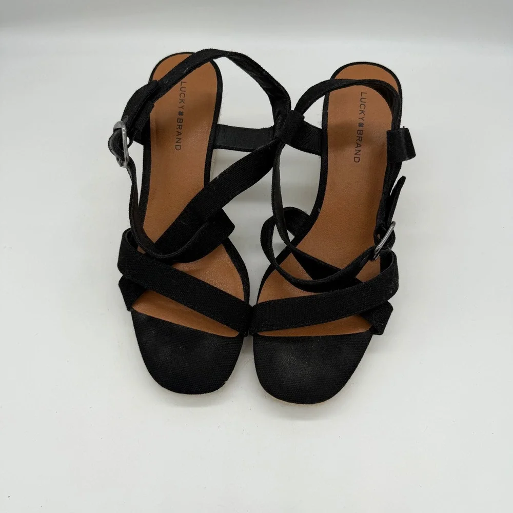 Lucky Brand Mytila Black Canvas Espadrille Wedge Sandals Size 8.5 LK-MYTILA